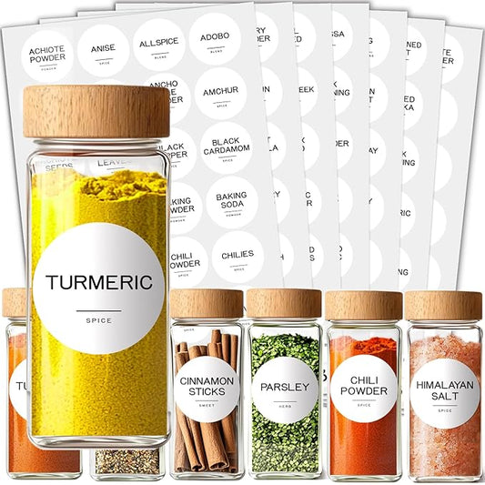 245 Spice Jar Labels - Round Preprinted Minimalist Waterproof Stickers for Kitchen Jars, Herb & Seasoning Labels for Pantry Organization (White)