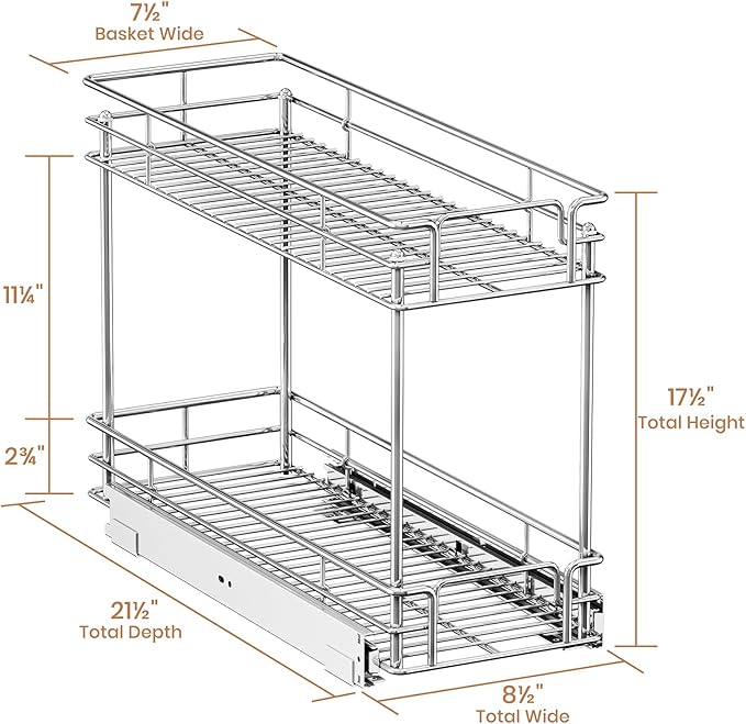 Pull Out Spice Rack Cabinet Organizer, 3 Tier Heavy Duty Slide Out Wood Shelf for Narrow Cabinet, Pull Out Storage for Kitchen (8½" W x 21½" D, 2 Tier)