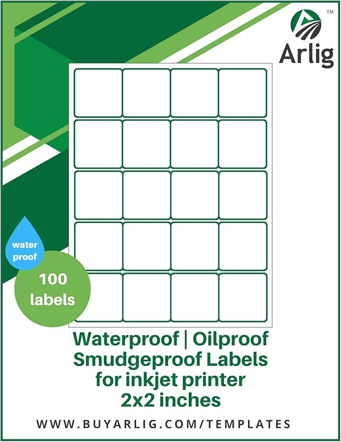 Arlig 2x2 Inch Square Waterproof Labels for Inkjet Printers – Smudge-Proof, Oil-Proof for DIY, Crafts, Bottles, Food, Pantry, Organization, and Jars | 100 Labels (5 Sheets, 20/Sheet) (Matte)