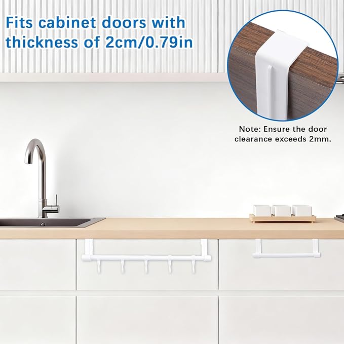 2Sets Towel Holder, Over Cabinet Door Towel Rack with Hooks, Multi-Purpose Kitchen Towels Rack and Hanger Organizer for Sink Bathroom Pantry Door (White)