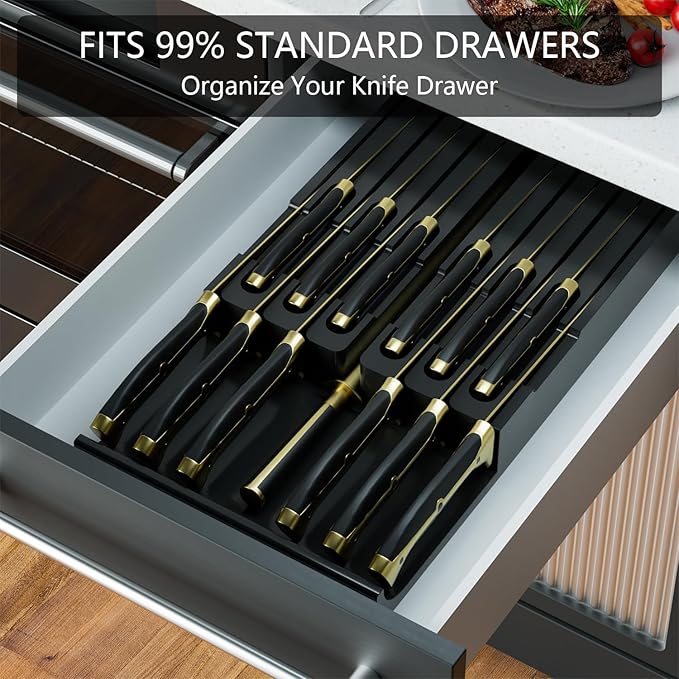 Domax Bamboo In-drawer Knife Block - Knife Drawer Organizer Insert Large Handle Steak Knife Holder, Kitchen Drawer Knife Organizer Fits for 12 knives and 1 Sharpening Steel (Not Included), Black