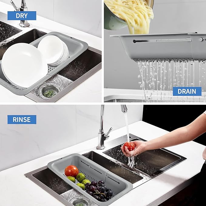 LASSHSWA Collapsible Colander and Strainer for Kitchen, Over the Sink Strainer Basket for Kitchen, Fruit Pasta Food Strainer Expandable Plastic Colander (Gray)