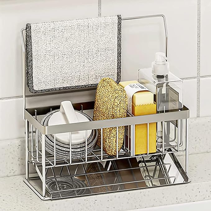 Kitchen Sink Caddy - Sponge Brush Holder with Removable Slope Drip Tray SUS304 Stainless Steel Rustproof Sink Rack