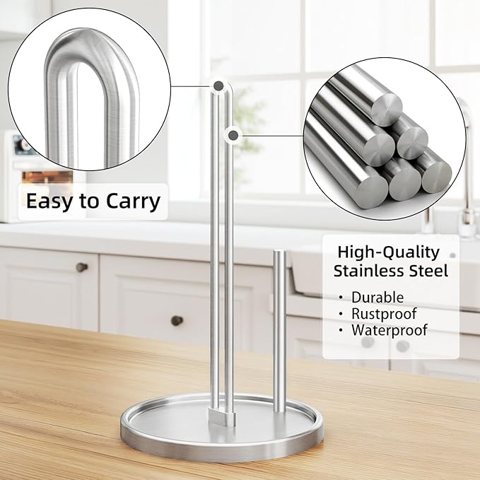Paper Towel Holder Countertop, Freestanding Paper Towel Roll Holder with Weighted Base, Stainless Steel Standing Papertowel Holder for Kitchen, Silver