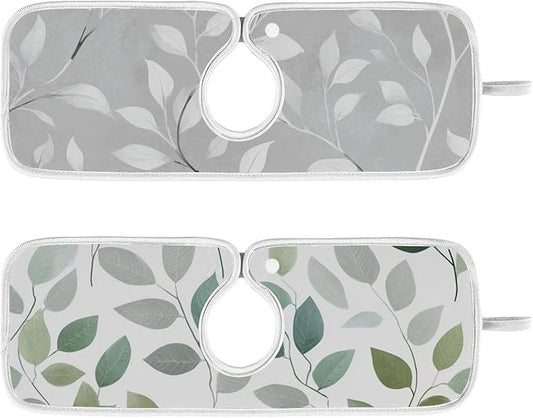 2 PCS Kitchen Sink Splash Guard 14.9 Inch Faucet Mat for Kitchen Sink Bathroom Sink Faucet Absorbing Drip Drain Mat Pad Microfiber Soft Washable Green and Grey Leaves