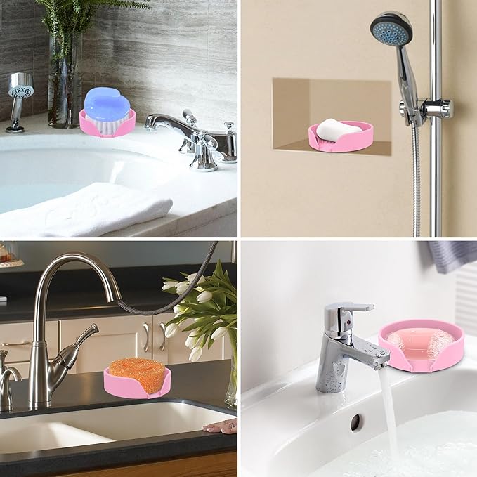 Self Draining Soap Dish, Silicone Soap Holder with Suction Cup and Drain Spout, Kitchen Bathroom Sink Organizer, Dish Soap Bar Tray Savers Sponge Holder, Perfect for Dispenser, Scrubber, Bottle, Cup