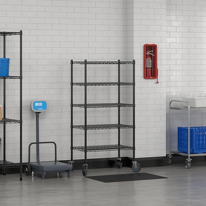 Commercial NSF Listed Black Epoxy Mobile Wire Shelving Kit 18" x 30" x 60", with 5 Shelves Perfect for Warehouse, Walk-in Refrigerator, Freezer, Grocery Store, Restaurant, Dishroom