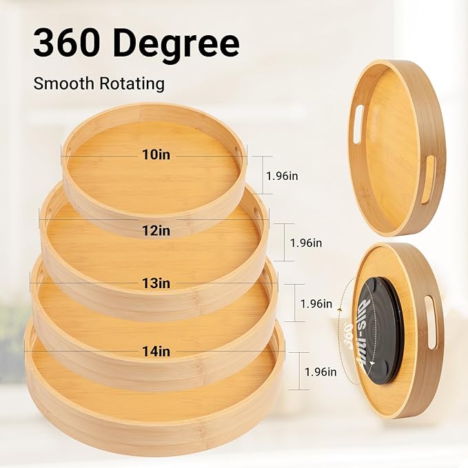 13in Bamboo Lazy Susan Pantry Turntable Organizer and Storage with Tall Side Anti Fall for Countertop and Spice Organization for Table Top Round Seasoning Condiment Tray for Kitchen (Bamboo-2, 13in)