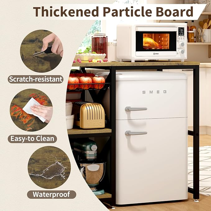 Kitchen Bakers Rack with Power Outlet,Mini Fridge Cabinet with Mesh Basket, Mini Fridge and Microwave Table with Storage for Office,Kitchen,Living Room,Coffee Bar,Patio,Brown