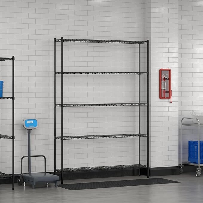 Commercial NSF Listed Black Epoxy Stationary Wire Shelving Kit 12" x 60" x 86", with 5 Shelves Perfect for Warehouse, Walk-in Refrigerator, Freezer, Grocery Store, Restaurant, Dishroom