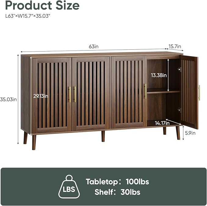 63" Long Sideboard Buffet with 4 Slatted Doors, Farmhouse Buffet Storage Cabinet with Adjustable Shelf, Coffee Bar Cabinet for Entryway, Kitchen, Dining Room, Living Room, Walnut Color