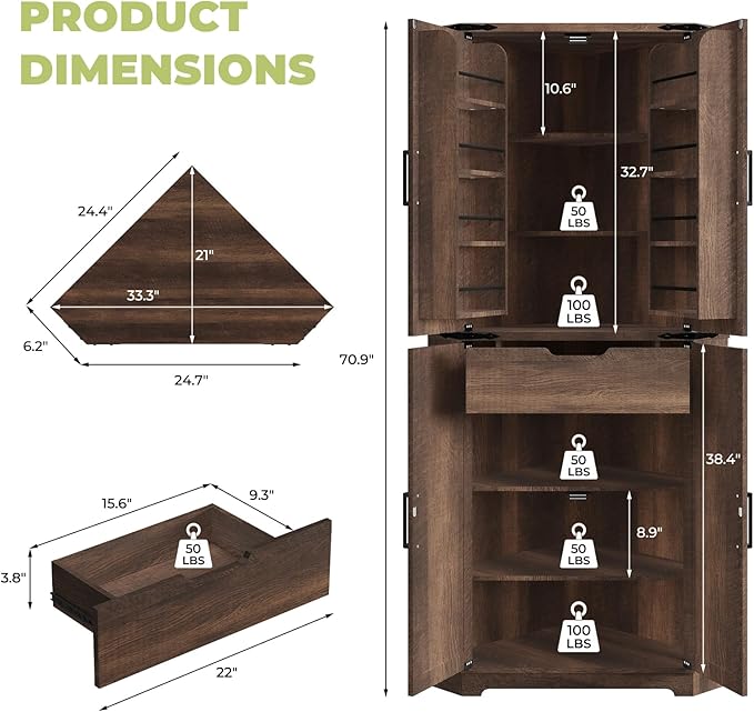 Dripex 71" Corner Cabinet Brown, Farmhouse Kitchen Pantry Cabinet with Doors Storage & Adjustable Shelves, Tall Corner Storage Cabinet with LED Light, Food Pantry for Living Room, Dining Room