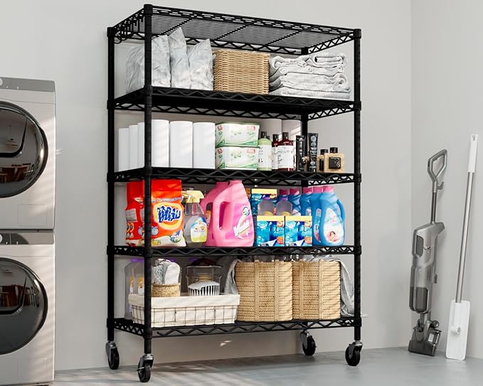 PrimeZone Wire Shelving Unit with Wheels, 5 Tier Adjustable NSF Certified Heavy Duty Metal Storage Shelves, Pantry Organizer Shelf Rolling Bakers Rack for Closet Garage, 24" W x 18" D x 75" H, Black