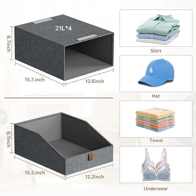 4-Pack Storage Bins with Drawers Large Closet Organizers and Storage Stackable Fabric Clothes Storage Box Collapsible Closet Drawers Organizer for Bedroom Living Room Under Bed (Deep Grey, 21L*4)