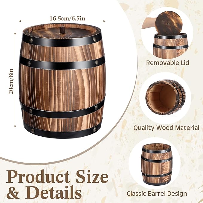 8" x 6.5" Wine Barrel Design Kitchen Utensil Crock with lid Large Wood Cooking Tool Holder for Kitchen Counter Rustic Organizer for Spatula Whiskey Barrel Storage Container Planter Decoration