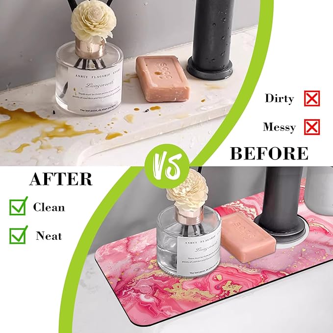 Sink Splash Guard Faucet Mat Pink Gold Marble Absorbent Fast Drying Mat Sink Gadgets Splash Guard Behind Faucet Drip Catcher for Kitchen Bathroom 15.5"X5.5"