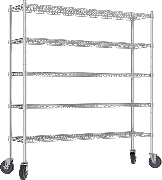 Commercial NSF Listed Chrome Mobile Wire Shelving Kit 14" x 54" x 60", with 5 Shelves Perfect for Warehouse, Walk-in Refrigerator, Freezer, Grocery Store, Restaurant, Dishroom