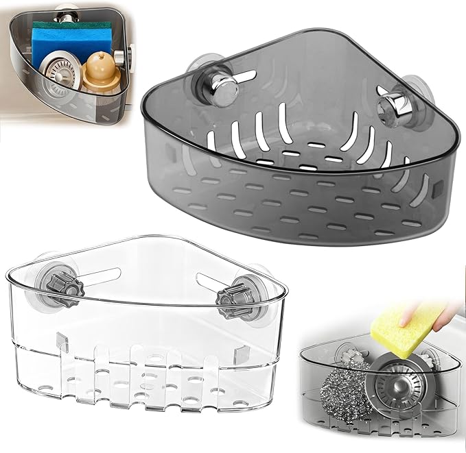 2PCS Sink Organizer Rack,2 Size Suction Sinkware Organizer,Triangle Sink Strainer Basket with Drain Hole, Corner Sink Trash Catcher for Kitchen for Sponges, Scrubbers Sink Corner Drain Box