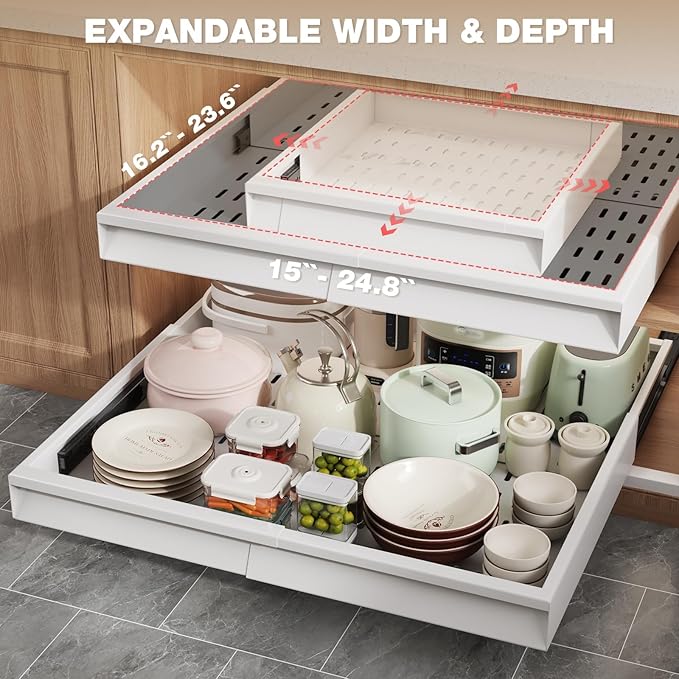 4 Pack Pull Out Cabinet Organizer Expandable Width (15"-24.8") & Depth (16.2"-23.6"), 3 Slide Rails Slide Out Drawers with Handle, Includes Raising Pad for Framed Cabinets, White