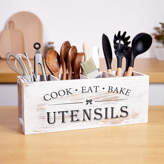 Utensil holder for Kitchen Counter Large Round Utensils Holder with Wooden Base Matte Black Cooking Utensil Holder，Kitchen countertop Utensil Organize (White-4 Compartments)