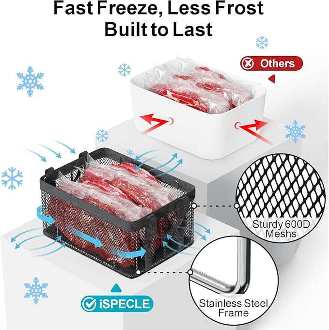 iSPECLE Freezer Organizer Bins - 4 Pack Large Stackable Deep Freezer Organizer Bins for 10 to 20 Cu.Ft Easy Get Bottom Foods, Chest Freezer Organizer Prevent Frozen Food Waste, Black