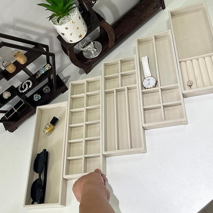 2Pcs Desk Drawer Storage Tray, Nightstand Organizer Tray, Necklace Bracelet Ring Earring Jewelry Display Tray, Grid Table Organizer Holder Tray for Sunglass, Phone, Watch, Perfume (12 grid)/Beige