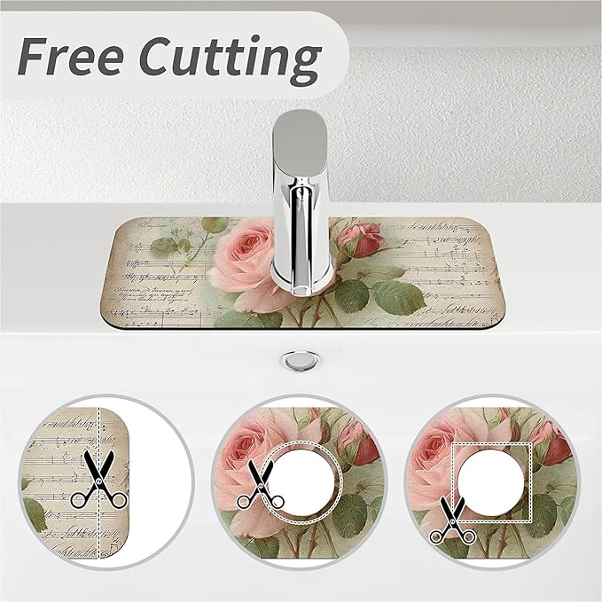 Kitchen Sink Splash Guard，Notes and pink roses Faucet Mat Sink Gadgets-Super Absorbent Fast Drying Mat Drip Catcher for Kitchen, Bathroom,Sink Mat, Dish Drying Mat, Bathroom(15" X 5.5" )