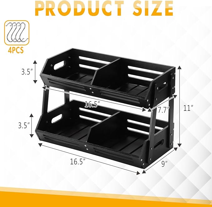 2 Tier Fruit Basket for Kitchen Counter Fruit Storage Large Black Wood Vegetables Basket with Banana Hooks Bowl Stand Holder Snack Organizer Countertop Onion Bread Pantry
