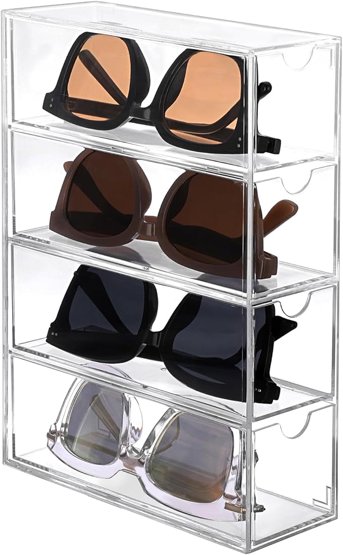 Hipiwe Acrylic Drawer Organizer Glasses Case Multiple Pairs Clear Desktop Drawers Box with 4 Pull Out Drawers Sunglasses Display Case Eyeglass Storage Organizer for Glasses Jewelry