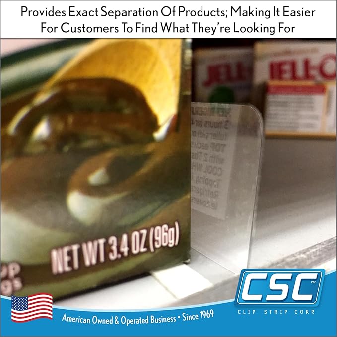 Clip Strip Shelf Dividers Pack of 50 for Retail Stores - Lightweight, Clear Adhesive Mount 1" H x 11-9/16" L Corp., 15 mil Crystal Clear PVC, Retail Shelf Separator, Item SD-1512