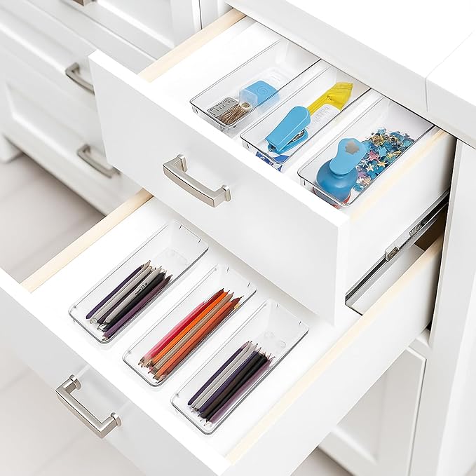 MBIYO 12 Pack Clear Drawer Organizers, 9 x 3 x 2“ Plastic Silverware Organizer Utensil Drawer Organizer for Desk Makeup Lipstick Kitchen Utensils Kitchen Drawers Dividers