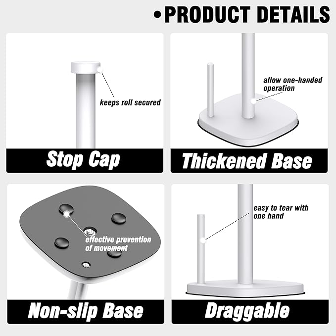 Paper Towel Holder Countertop, Standing Paper Towel Roll Holder for Kitchen Bathroom Organize, Stand with Weighted Base Suction Cups, Stainless Steel One-Handed Operation (White)