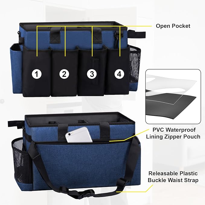 Wigojoy Wearable Large Cleaning Caddy Bag for Housekeeper, Clean Supply Organizer with Adjustable Shoulder, Waist & Handle Straps, Detailing Bag for Kitchen Supplies (Blue)