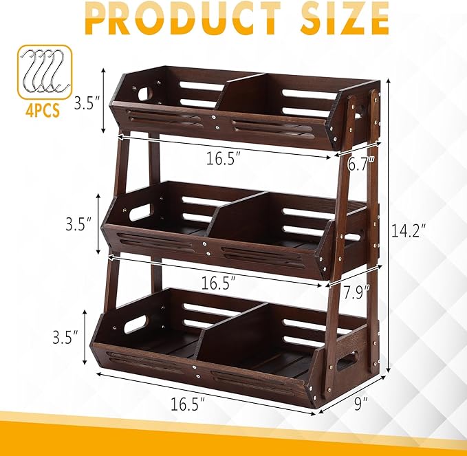 3 Tier Fruit Basket for Kitchen Counter Fruit Storage Large Wood Vegetables Basket with Banana Hooks Bowl Stand Holder Snack Organizer Countertop Onion Bread Pantry