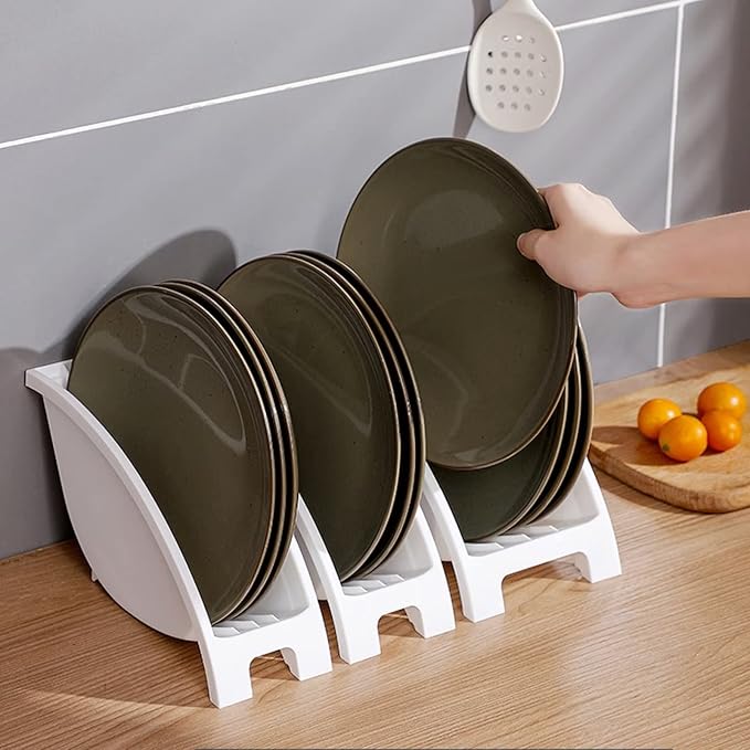 3PCS Dinner Plate Holder, Plastic Kitchen Cabinet Organizer for Dishes Vertical Dishes Storage Rack for Kitchen Countertop(2 Small & 1 Large)