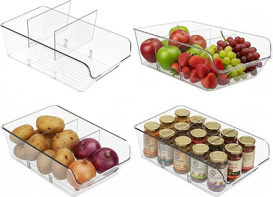 4 Pack Pantry Organizers,Clear Plastic Organizer Bins for Kitchen,Fridge,Drawer Organization and Storage,3 compartment Snack Containers for Spice Packets,Tea bag