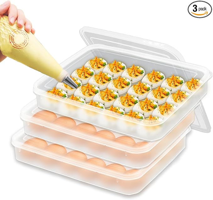 3 Pack Portable Deviled Egg Tray Carrier with Lid,Portable Egg Storage Container with Lid for 72 Eggs,Egg Holder for Refrigerator Egg Organizer,Easter Thanksgiving Party Home Kitchen Supplies