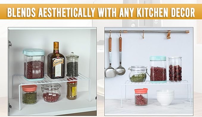 YBM HOME White Wire Cabinet Helper Shelf Organizer and Storage Rack Helper for Kitchen, Expandable Kitchen Counter and Cabinet Shelf (4, 11" L x 5" W x 5" H)