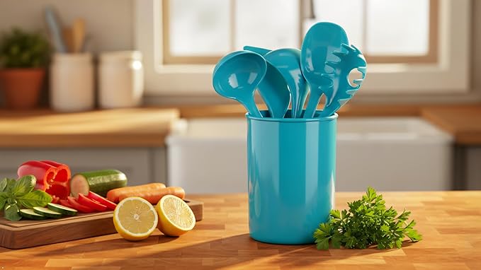 Reston Lloyd 6 Piece Kitchen Utensil Holder for kitchen counter, Utensils crock with Heat Resistant Spoon, Slotted Spoon, Ladle, Spatula BPA Free, Aqua-Blue