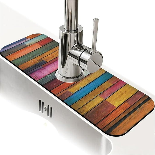 Kitchen Sink Splash Guard，Colorful wood grain Faucet Mat Sink Gadgets-Super Absorbent Fast Drying Mat Drip Catcher for Kitchen, Bathroom,Sink Mat, Dish Drying Mat, Bathroom(15" X 5.5" )
