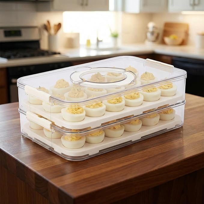 2-Layer Egg Holder for Fridge with Handle,Plastic Deviled Egg Containers with Lid a nd Side Clip Layer,Deviled Egg Tray for Kitchen,Camping Egg Container with Lid Fits 20X2 Eggs(40 Eggs)( Clear)