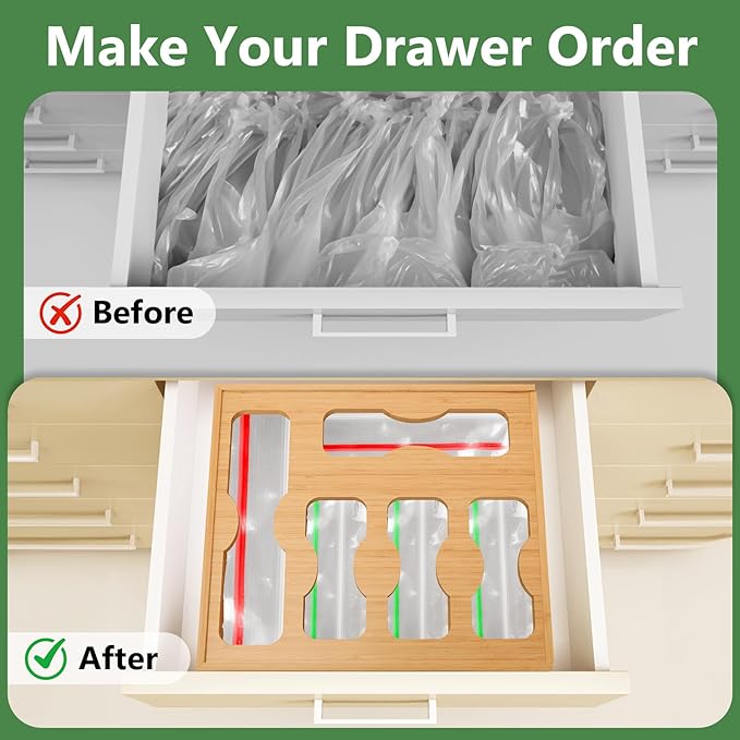 Comfoyar 5 In 1 Bamboo Storage Bag Organizer with Slider for Kitchen, Baggie Storage Organizer for Drawer or Wall Mount, Compatible with Gallon, Quart Sandwich Snack Size Bags, Variety Plastic Baggies