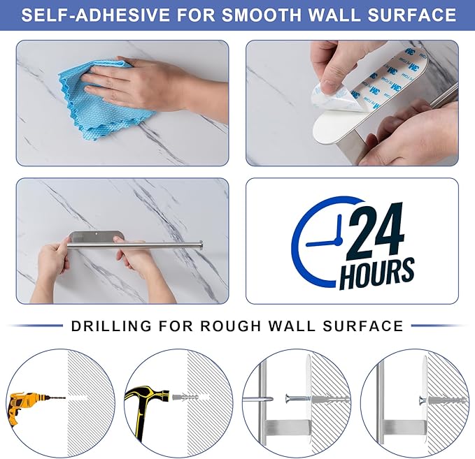 Paper Towel Holder, Upgrade SUS304 Stainless Steel Paper Towel Holder Under Cabinet, Bend-Resistant, Self-Adhesive or Drill mounting (2 Silver)