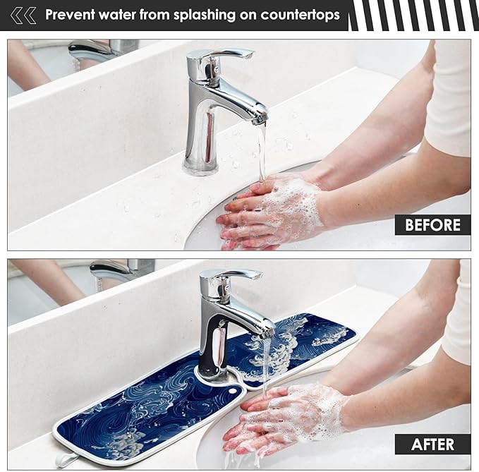 2 PCS Kitchen Sink Splash Guard 23.6 Inch Faucet Mat for Kitchen Sink Bathroom Sink Faucet Absorbing Drip Drain Mat Pad Microfiber Soft Washable Blue Sea Waves