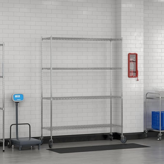 Commercial NSF Listed Chrome Mobile Wire Shelving Kit 18" x 60" x 80", with 4 Shelves Perfect for Warehouse, Walk-in Refrigerator, Freezer, Grocery Store, Restaurant, Dishroom