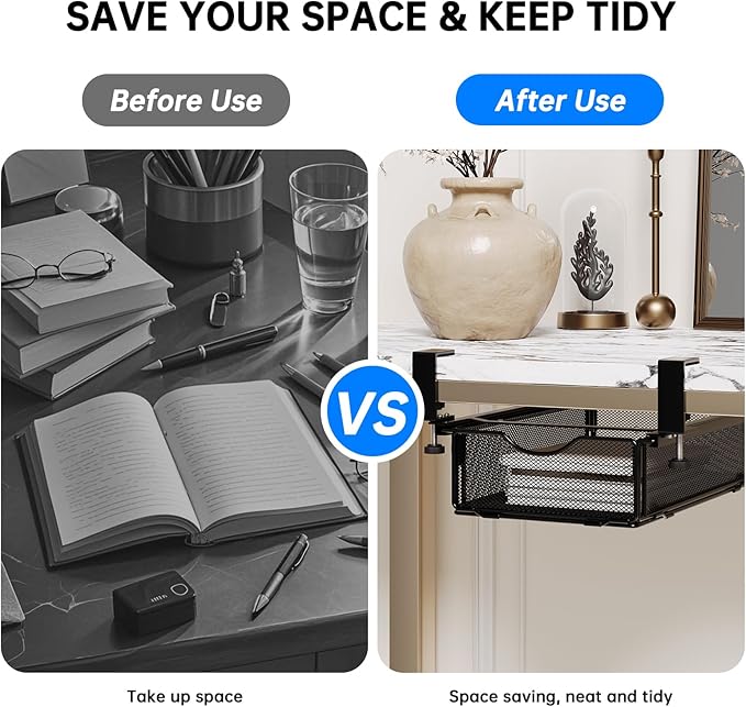 Under-Desk Drawer Slide Out Clamp-On-Desk Shelf for Office Supplies and Books Storage Metal Attachable Table Drawer Fit for Table Thickness 0.47-2.36in (Black, Normal)