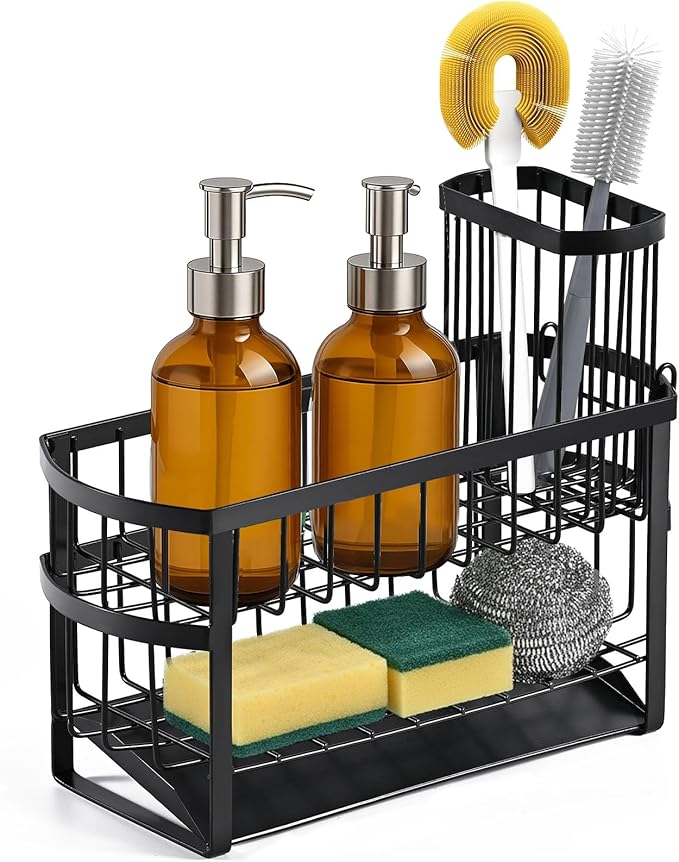 UEFFNR Kitchen Sink Organizer Caddy, 2 Tier Sink Caddy Organizer with High Brush Holder, Rust-Proof Countertop Rack (Black 10.6 * 4.3 * 5.7") for Kitchen Accessories & Dish Brushes