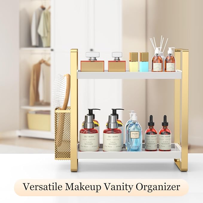 Bathroom Counter Organizer, Wood Vanity Trays with Basket, Skincare Countertop Organizers, Large Capacity Makeup and Perfume Organizer