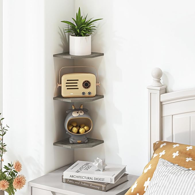 Corner Shelf Wall Mount, Floating Corner Shelves, Set of 6 Corner Wall Shelf Organizer, Rustic Wood Wall Storage Display Shelves for Living Room Bedroom Bathroom Kitchen, Rustic Grey