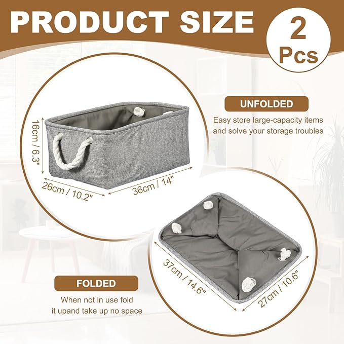 uxcell 2Pcs Fabric Storage Bins, 14 x 10.2 x 6.3 Inch Foldable Storage Cubes with Rope Handles Collapsible Bins Baskets for Home Office Shelves Closet Clothes Books Organizing, Gray